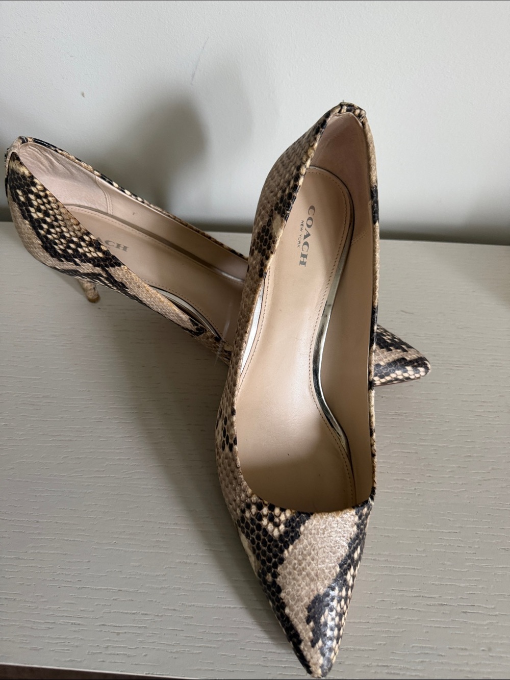 Coach Snake-Print Pointed-Toe Pumps in Tan and Black
